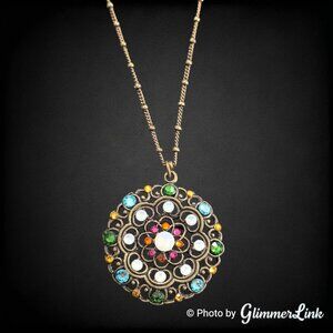 Anne Koplik Medieval Style Filigree Medallion Necklace Multicolor Rhinestone